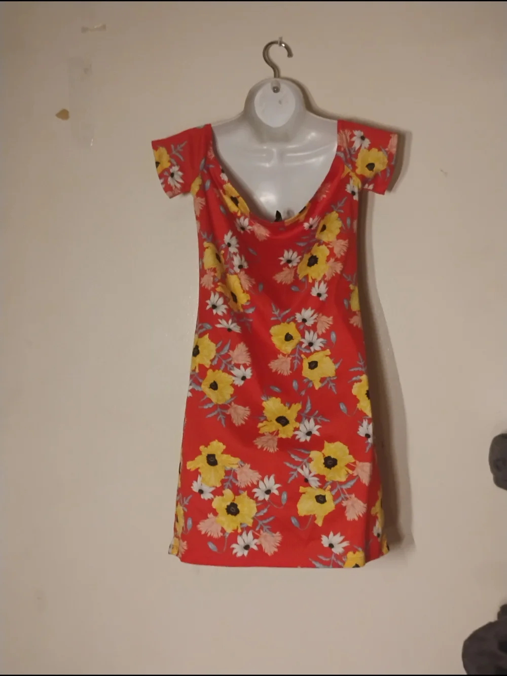 Divided Red Mini Dress with Yellow Floral Print Womens Size 14.